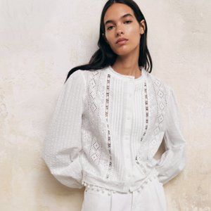 Zara White Pointelle Eyelet Lace Blouse